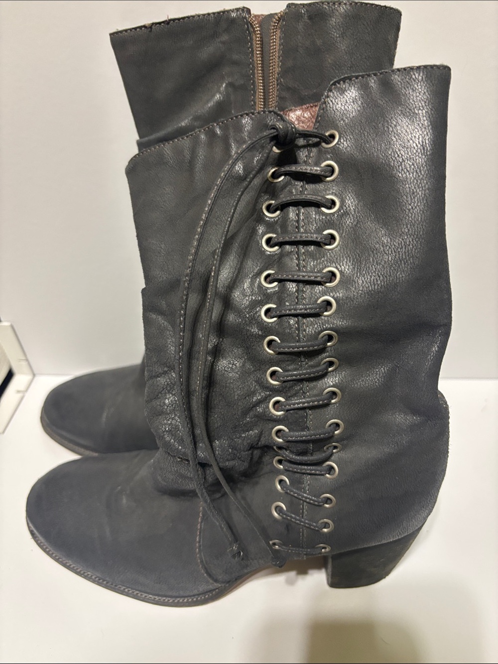 Bernardo Leather Corset Lace Up Mid Calf Boots Black Gray Size 7M